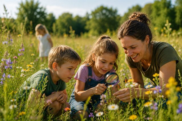 Kinder entdecken gemeinsam Pflanzen und kleine Tiere auf einer Wiese