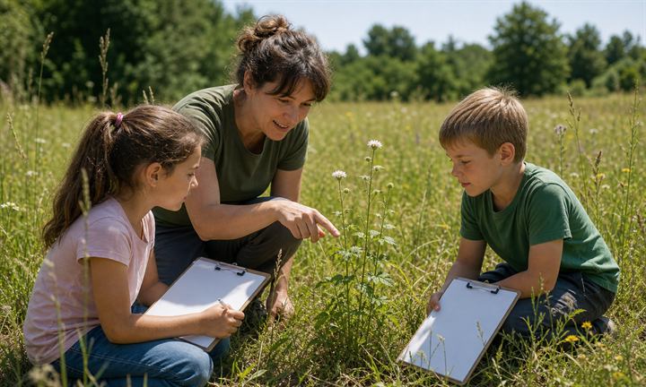 Eine erwachsene Person begleitet zwei Kinder beim achtsamen Beobachten einer Pflanze auf der Wiese