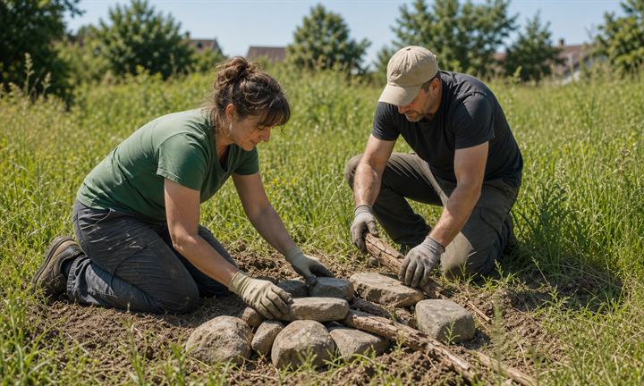Zwei Erwachsene legen gemeinsam mit Steinen und Totholz ein kleines Naturmodul auf der Wiese an