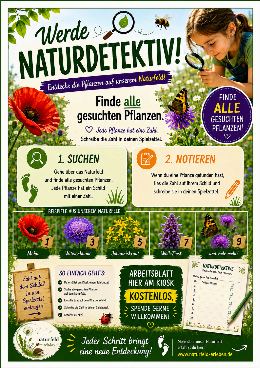 Plakat zum Naturdetektivspiel mit zehn abgebildeten Pflanzen zum Suchen