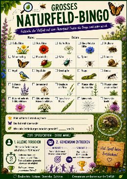 Vorschau auf das Bingo-Blatt mit Feldern für Pflanzen, Tiere und Naturmotive