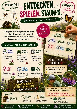 Plakat der Stempelkarte mit den sechs Naturspielen und den Feldern für die Stempel