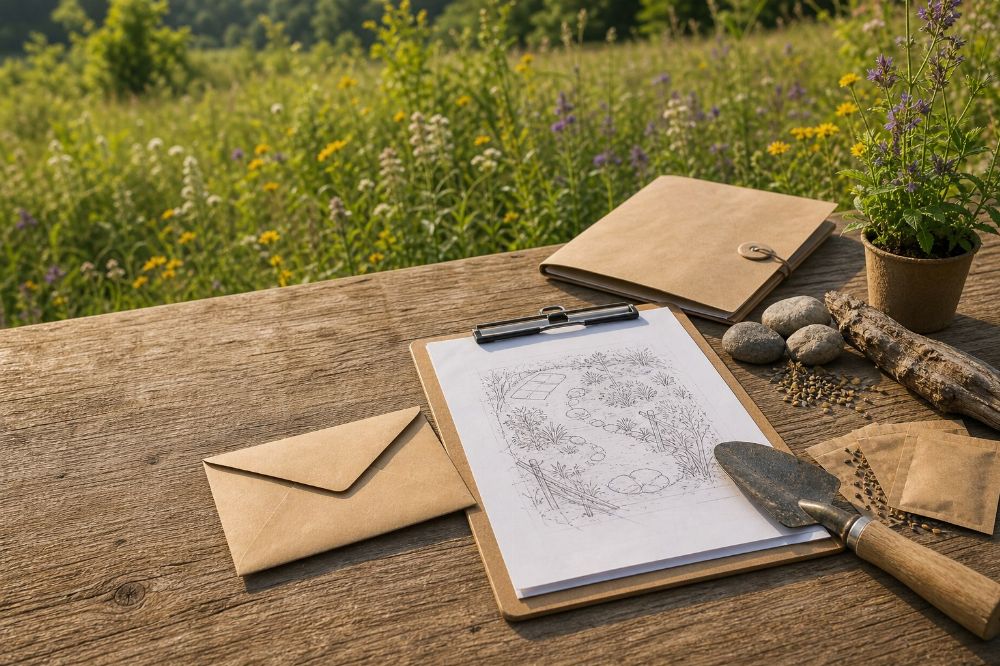 Planungsskizze, Umschlag, Saatgut und Materialien für ein Naturmodul auf einem Tisch vor einer blühenden Wiese